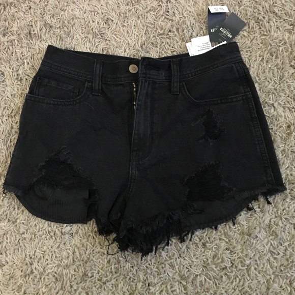 Hollister Pants - high waisted ripped black jean shorts